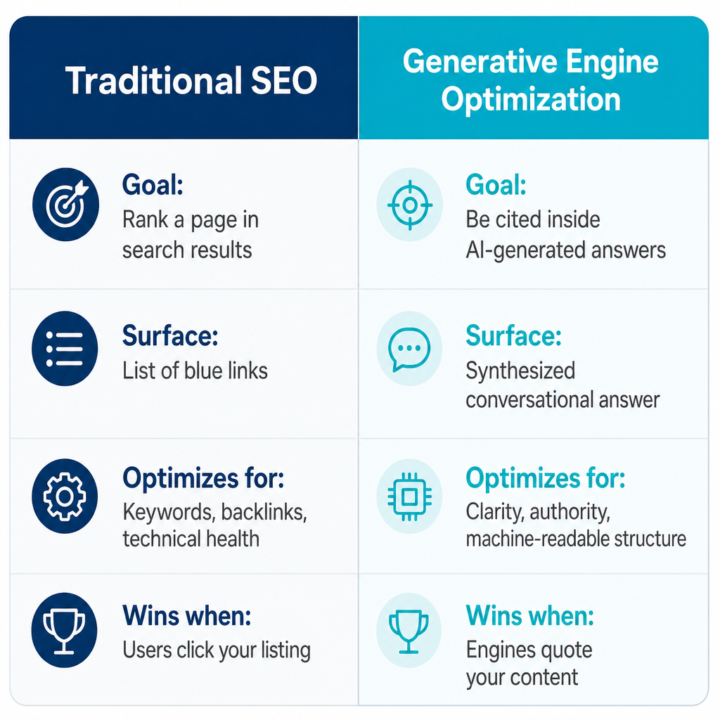 Comparison card showing how traditional SEO aims to rank links while GEO aims to be cited inside AI answers.