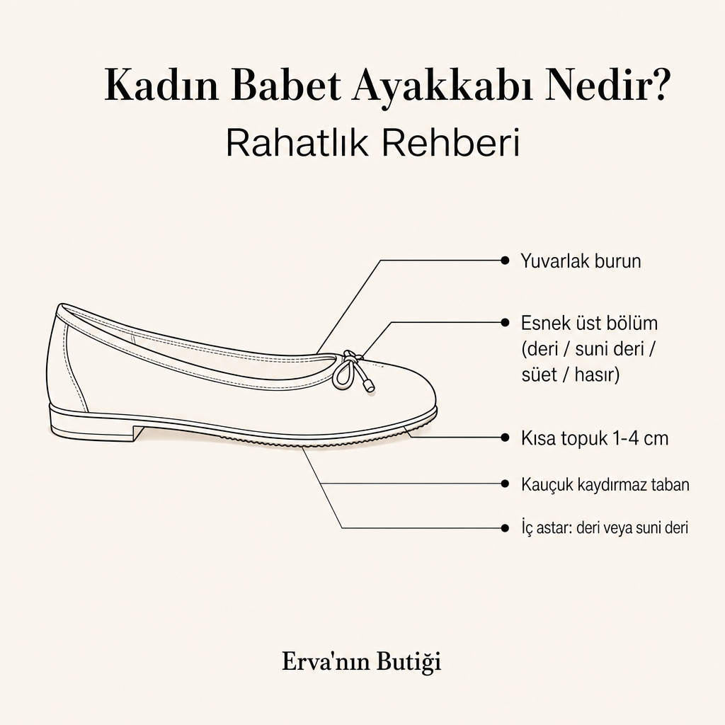 Bir babet ayakkabının burun, üst bölüm, kısa topuk, kauçuk taban ve iç astar bileşenlerini gösteren infografik