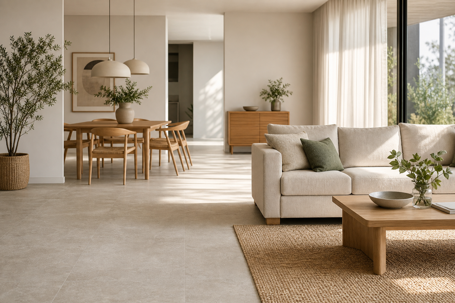 Bright, uncluttered Scandinavian-style living room with pale tiles, light wood and neutral textiles.