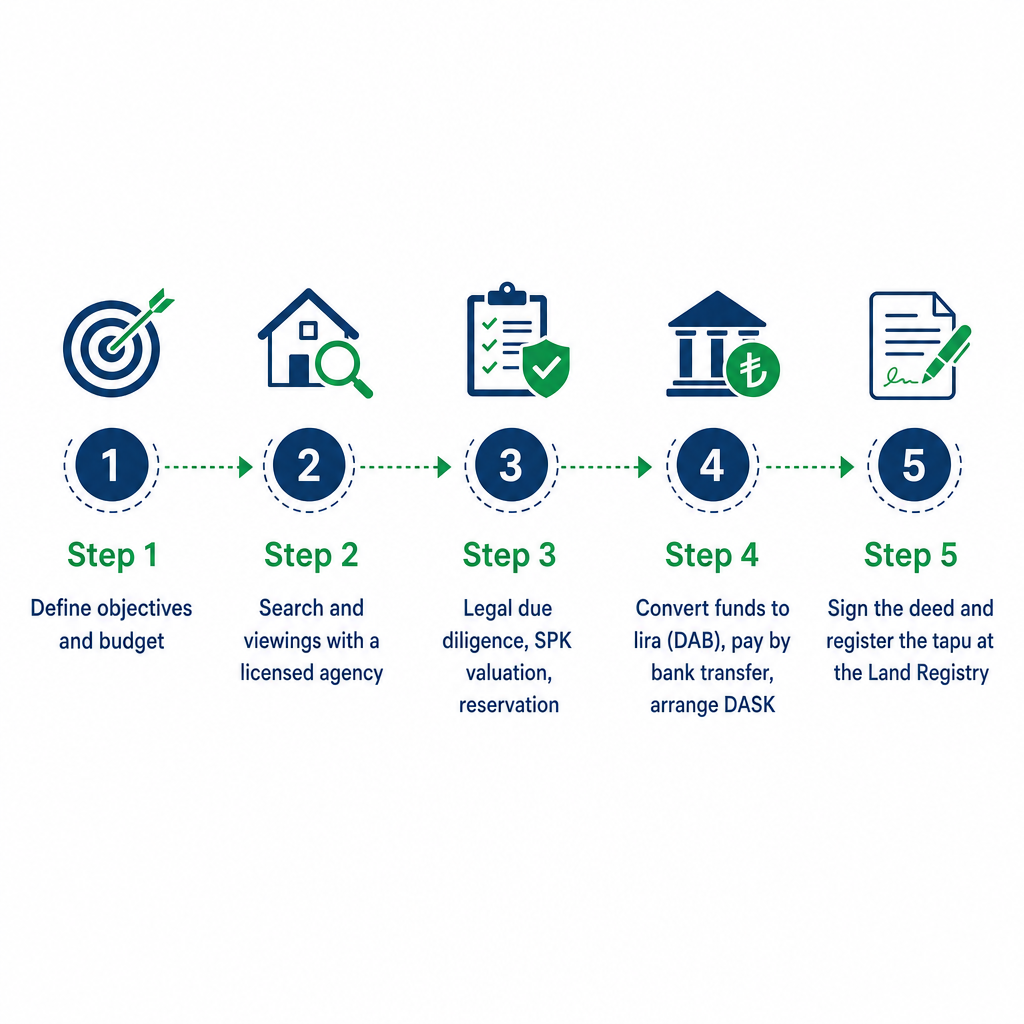 Five-stage process diagram showing the property purchase journey in Kusadasi from defining objectives to tapu registration