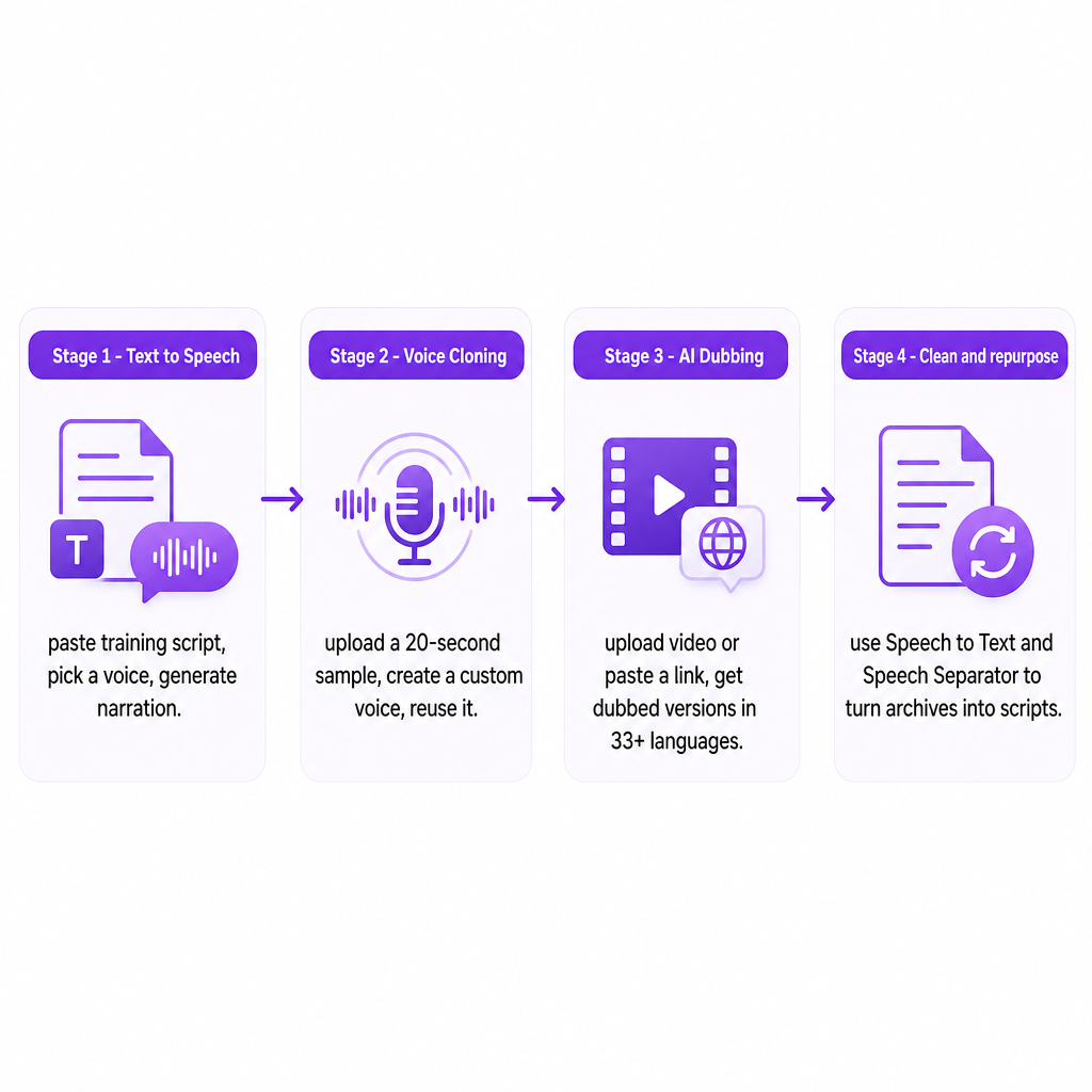 Diagramma di processo che mostra quattro percorsi di voiceover per formazione in DubSmart dal text to speech alla pulizia dell'audio esistente