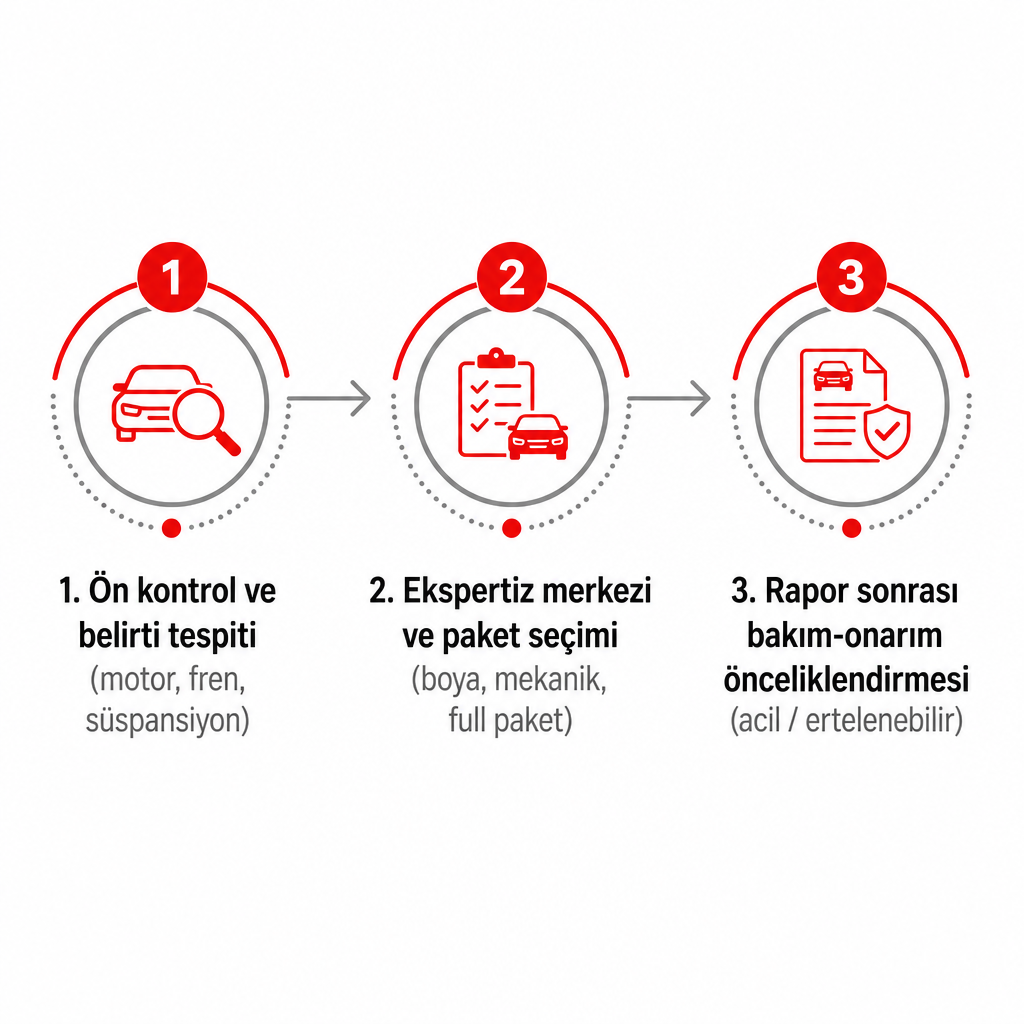 Ekspertiz kararının ön kontrol, merkez seçimi ve rapor sonrası bakım olarak üç aşamasını gösteren süreç şeması