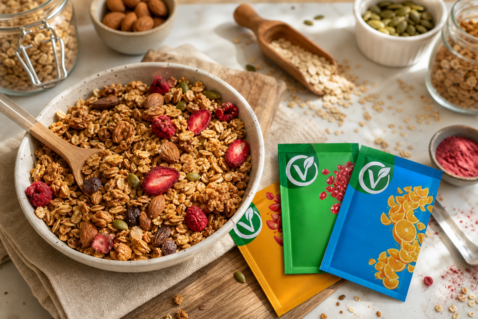 Ev yapımı granola kâsesi ve yanında üç renkli meyve tozu paketi