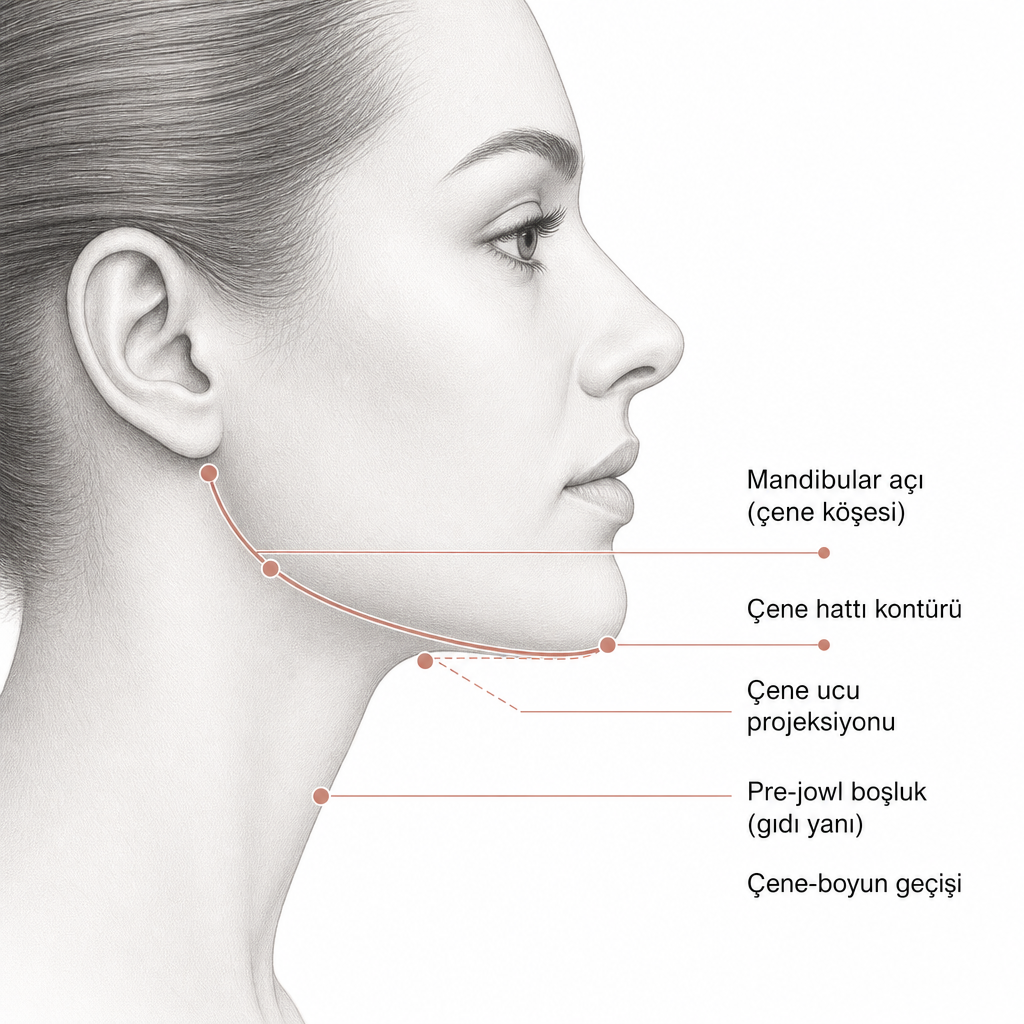 Yüz profili üzerinde jawline dolgusunun uygulandığı çene köşesi, çene hattı, çene ucu ve pre-jowl bölgelerini gösteren şema