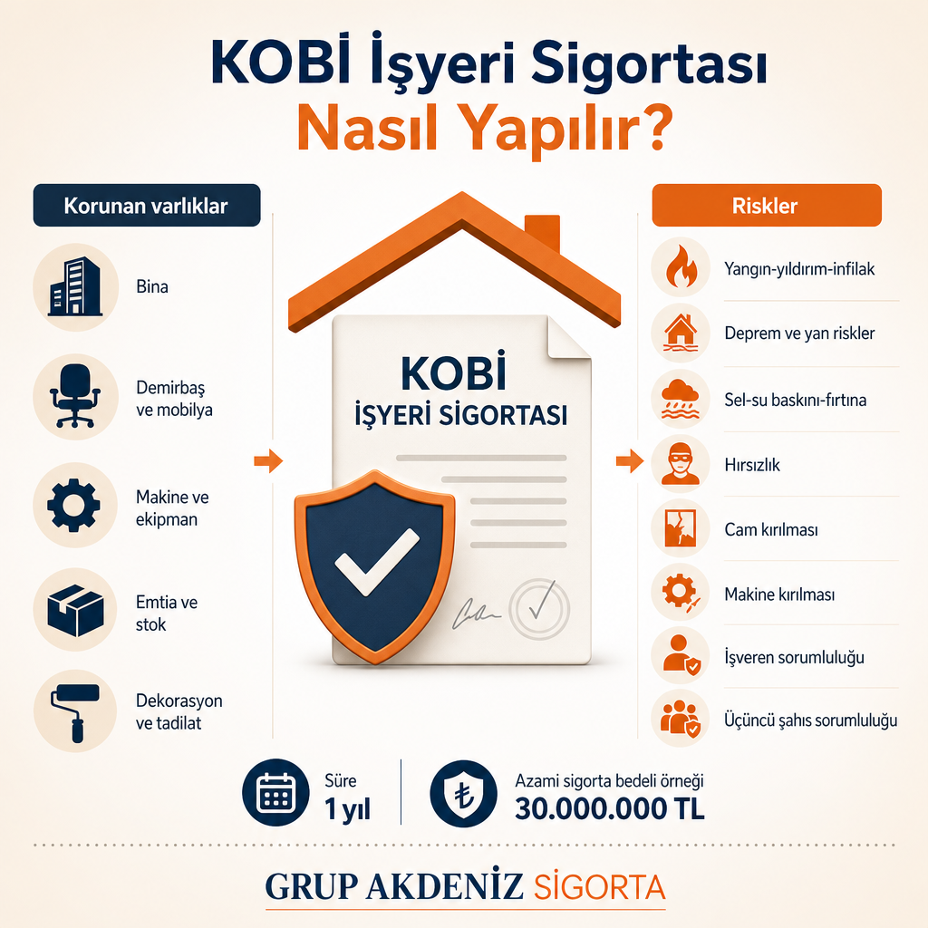 KOBİ işyeri sigortasının koruduğu varlıkları ve teminat verdiği riskleri gösteren infografik.