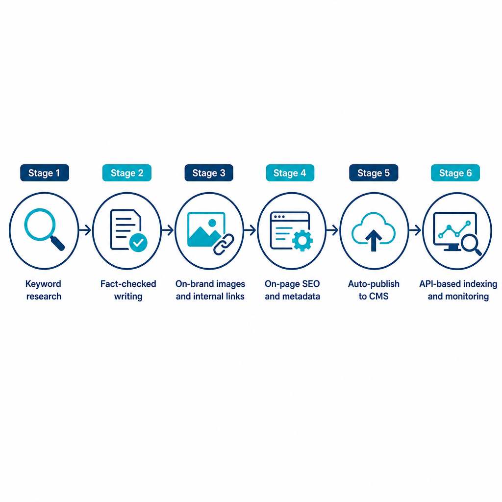 Six-stage process diagram from keyword research through publishing and indexing