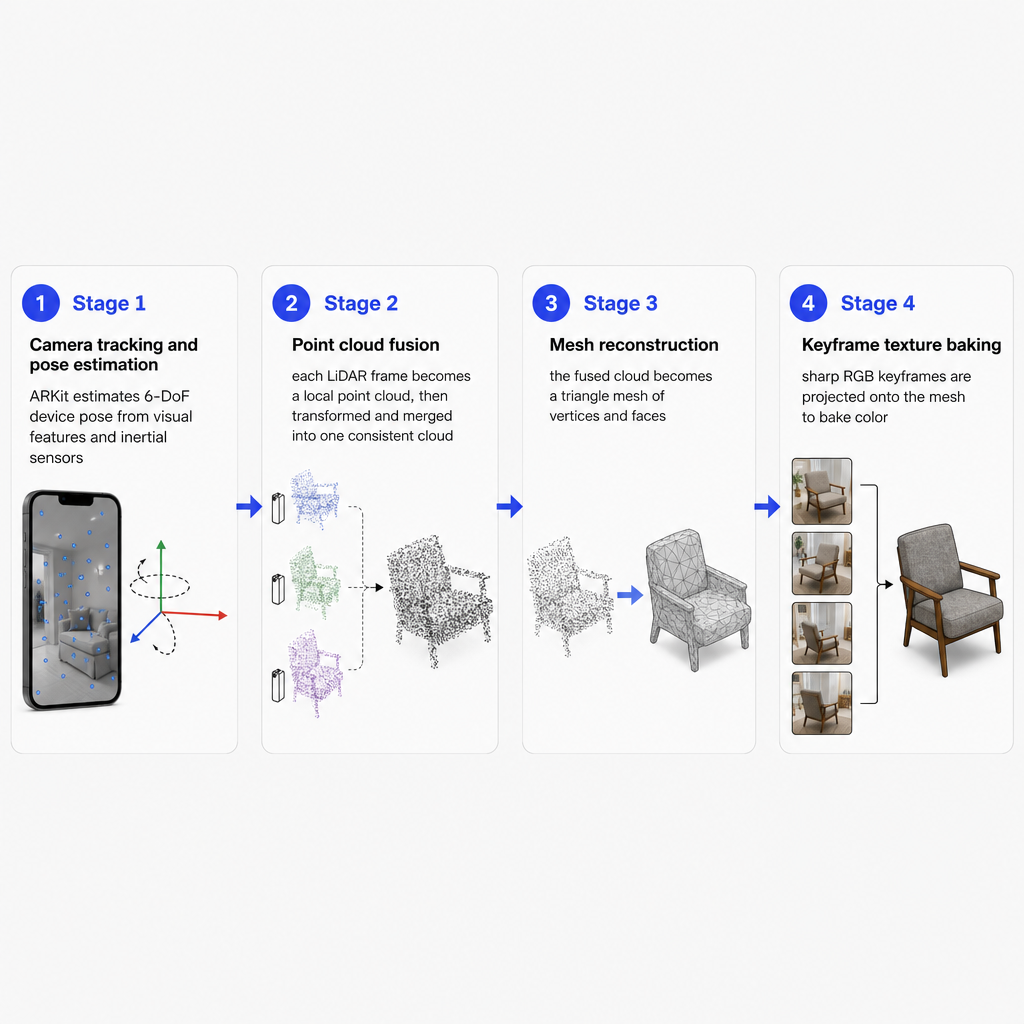 Four-stage diagram showing camera tracking, point cloud fusion, mesh reconstruction, and texture baking