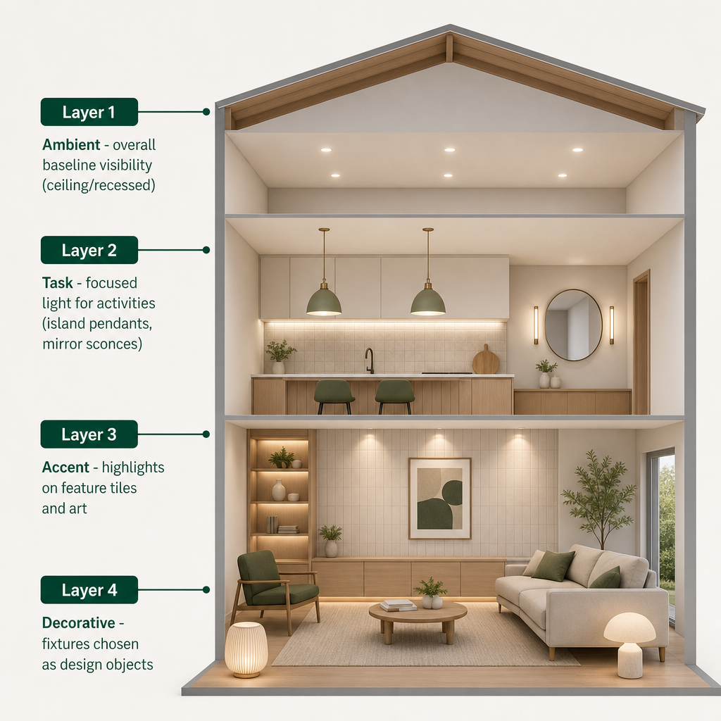 Diagram showing ambient, task, accent and decorative lighting layered in one interior