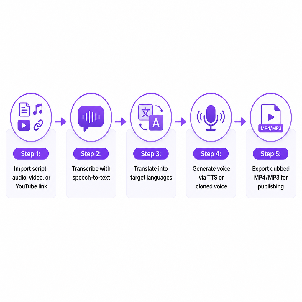 Five-step pipeline showing import, transcription, translation, voice generation, and export within one platform
