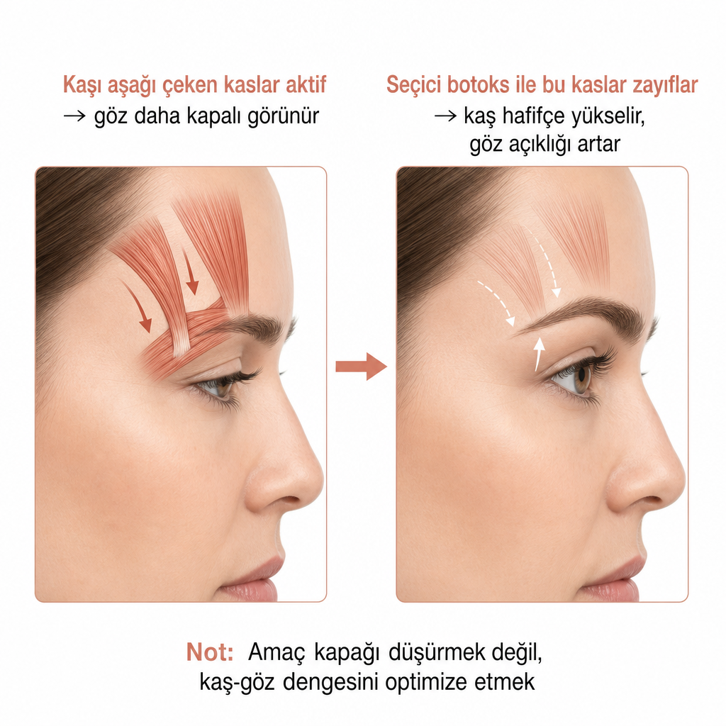 Kaş çevresi kaslarının botoksla zayıflatılmasının göz açıklığını nasıl artırabileceğini gösteren iki panelli şema