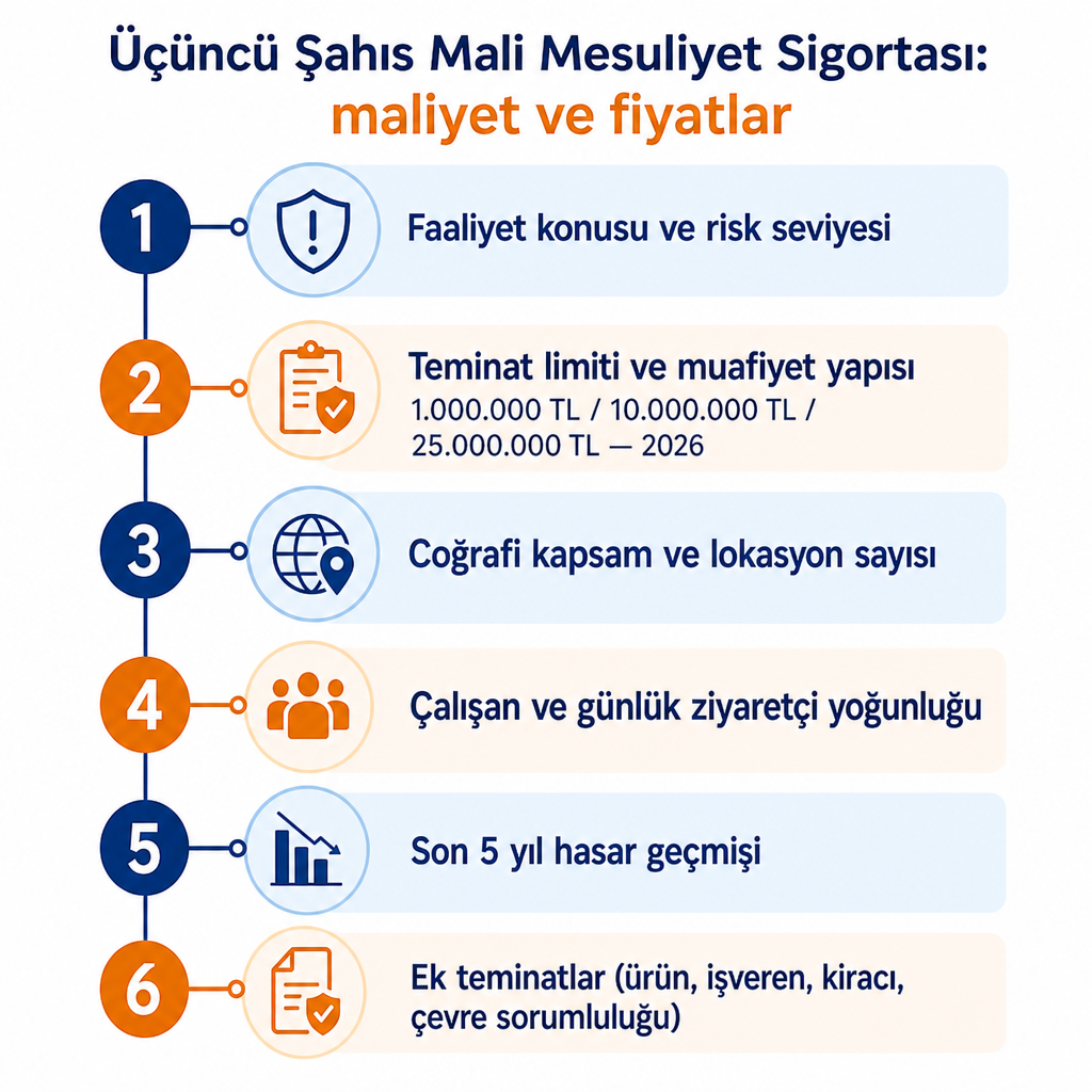 Üçüncü şahıs mali mesuliyet priminin altı belirleyici unsurunu sıralayan Türkçe infografik