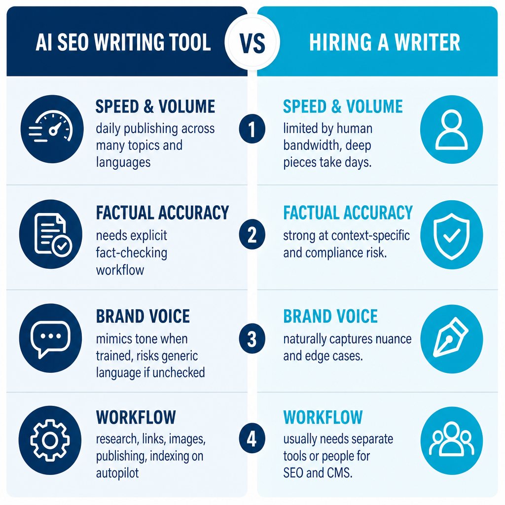 Two-column comparison of AI SEO writing tool and hiring a writer across speed, accuracy, brand voice, and workflow