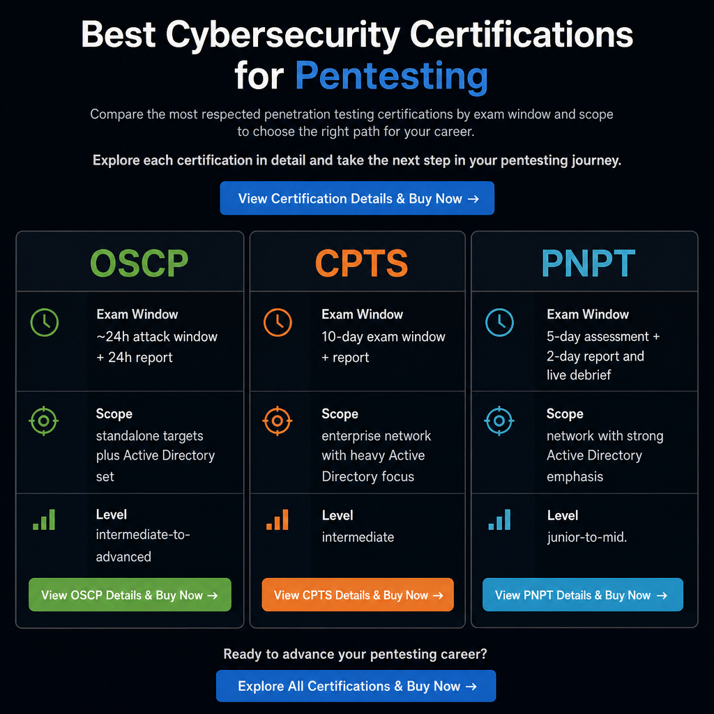 Comparison card showing OSCP, CPTS, and PNPT exam windows, scope, and target experience level
