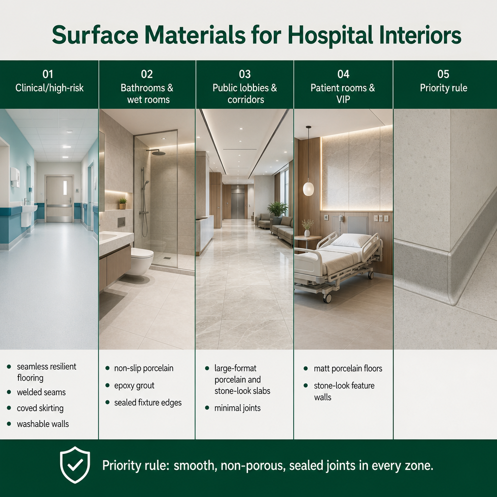 Five-column comparison showing recommended surface strategies for clinical, bathroom, public, and patient hospital zones