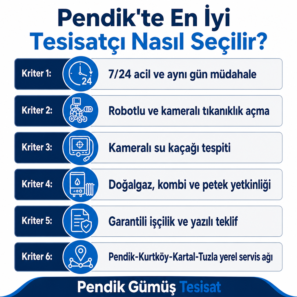 Tesisatçı seçiminde değerlendirilmesi gereken altı kriteri gösteren bilgi grafiği