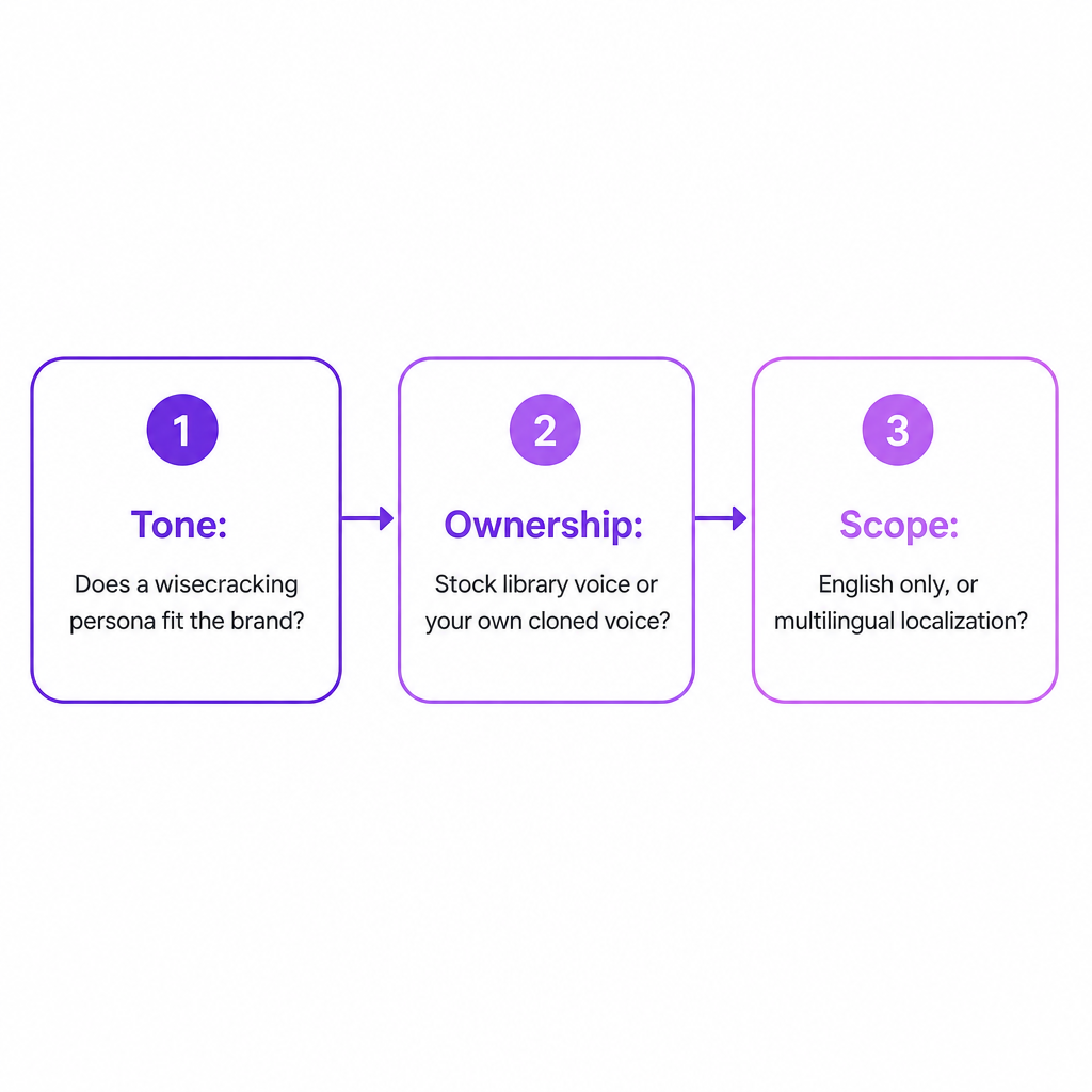 Diagram showing three decisions for a wiseguy voice: tone, ownership, and scope
