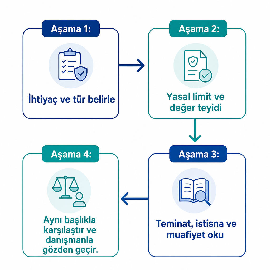 Sigorta teklifi değerlendirmesini dört aşamada gösteren akış infografiği