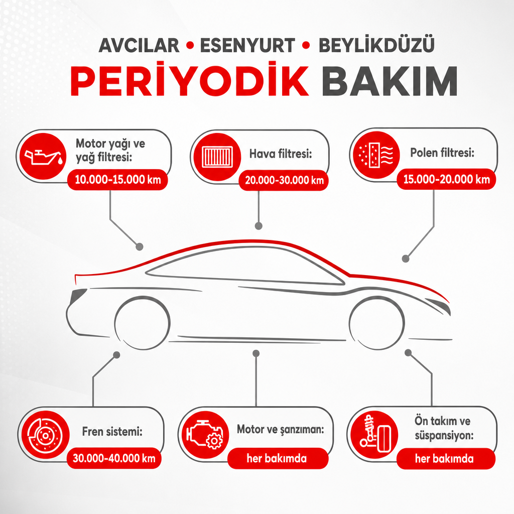 Periyodik bakım işlemleri ve önerilen kilometre aralıklarını gösteren infografik