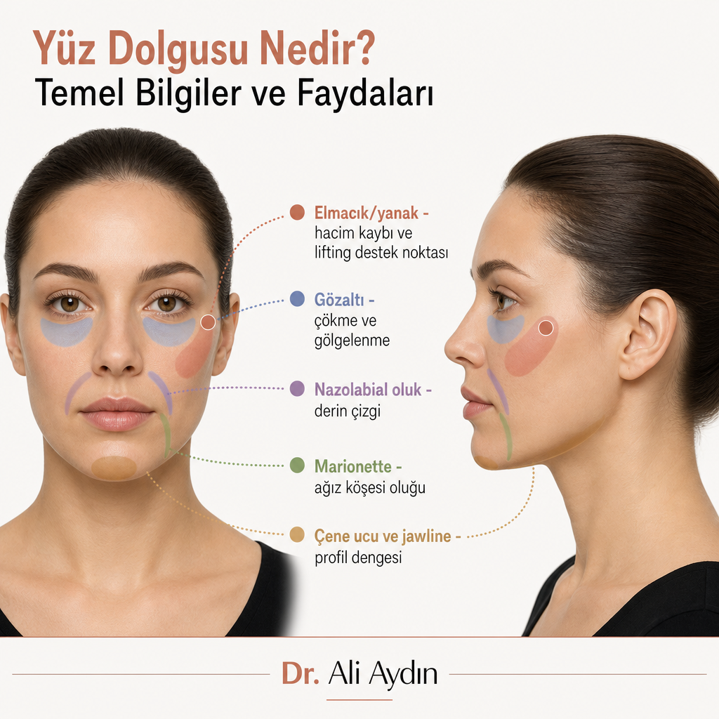 Yüzde yaşa bağlı hacim kaybı bölgelerini ve dolgu destek noktalarını gösteren diyagram