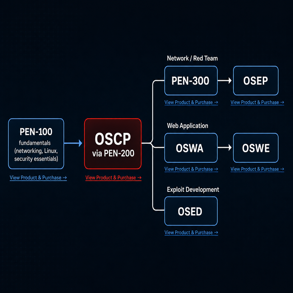 Diagram showing OSCP as the central anchor branching into OSEP, OSWA/OSWE, and OSED, with a fundamentals node feeding into OSCP.