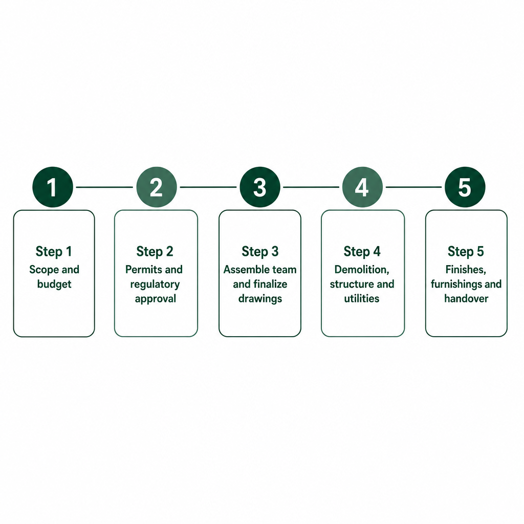 Five-stage renovation process from scope and budget through permits, team, structural works, and finishes to handover