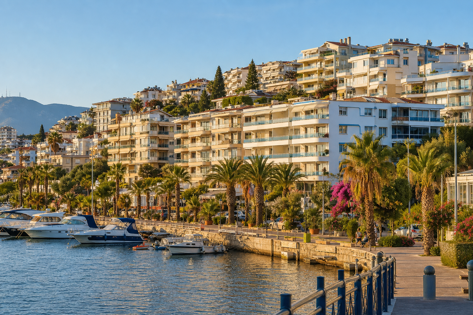 Residential apartment buildings above the marina and seafront in Kusadasi on the Turkish Aegean coast.