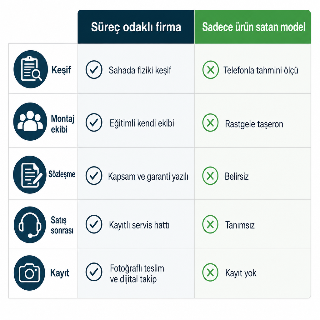Süreç odaklı pergola montaj firması ile yalnız ürün satan modelin keşif, montaj, sözleşme, servis ve kayıt açısından karşılaştırması.