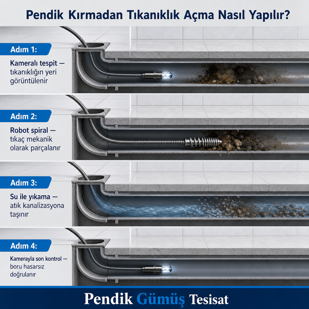 Fayans ve zemin kırılmadan boru içinden kamera ve robot cihazla yürütülen tıkanıklık açma diyagramı