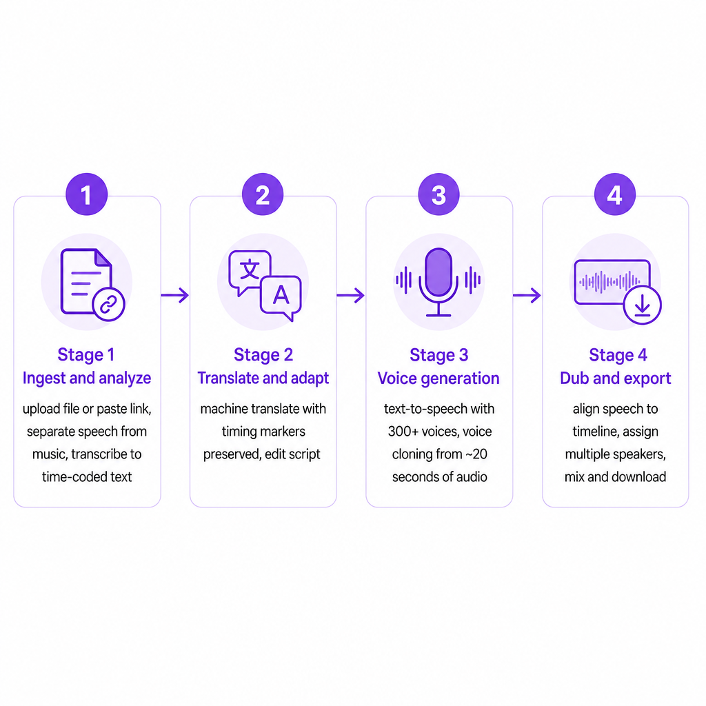 Four-stage diagram showing ingest and analyze, translate and adapt, voice generation, and dub and export