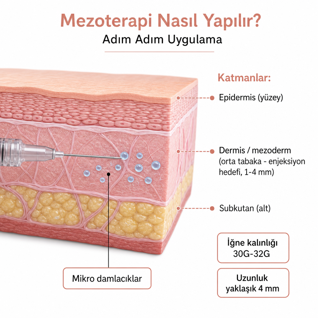 Cilt tabakalarını ve ince iğnenin orta tabakaya verdiği mikro damlacıkları gösteren kesit çizim