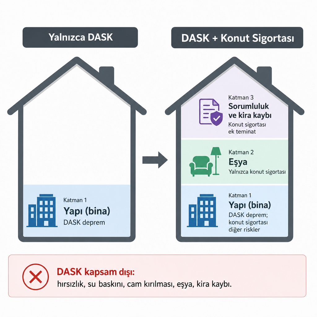 DASK ile DASK artı konut sigortası korumasını yapı, eşya ve sorumluluk katmanları üzerinden karşılaştıran diyagram.