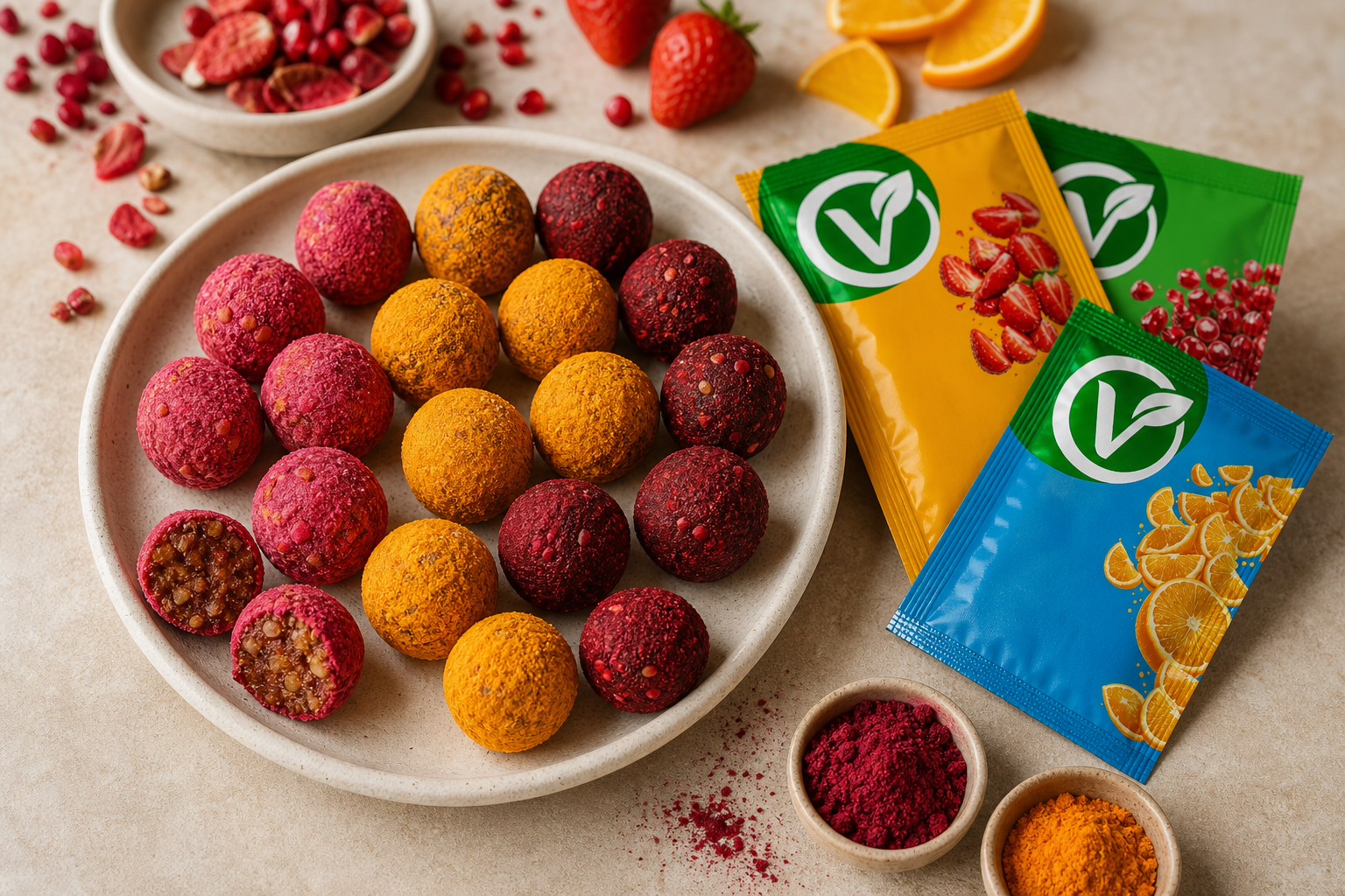 Pembe, turuncu ve koyu kırmızı doğal meyve tozlarıyla kaplanmış küçük sağlıklı truffle topları ve VeyraDry meyve tozu paketleri