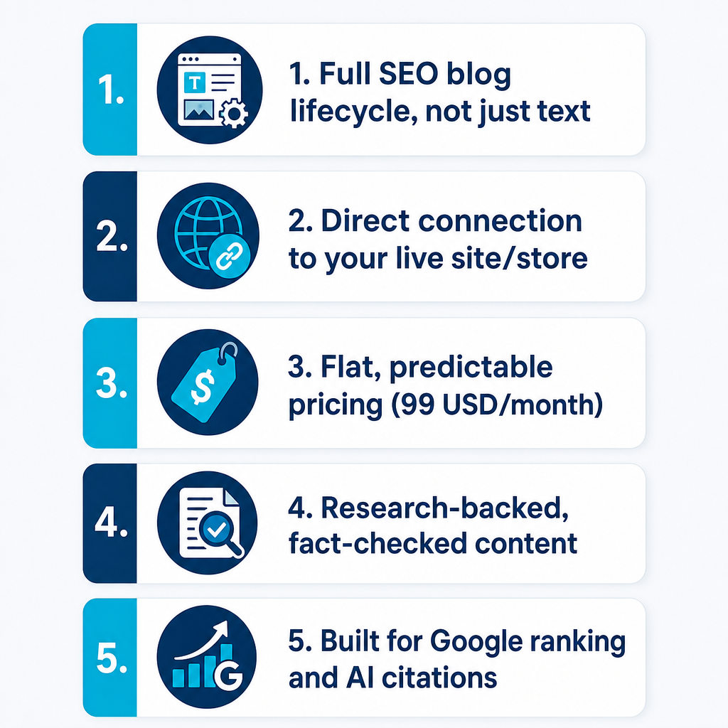 Infographic listing five selection criteria for AI SEO software for small businesses