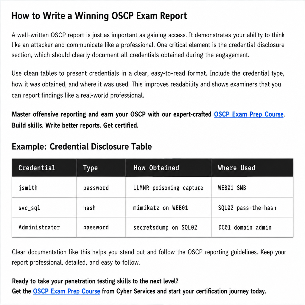 Example Active Directory credential tracking table with columns for credential, type, how obtained, and where used.