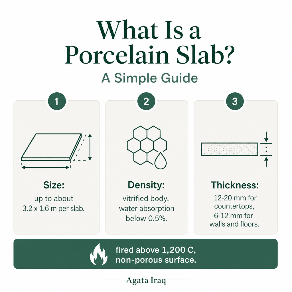 Infographic showing porcelain slab size up to 3.2 by 1.6 metres, water absorption under 0.5 percent, and thickness ranges for counters and walls