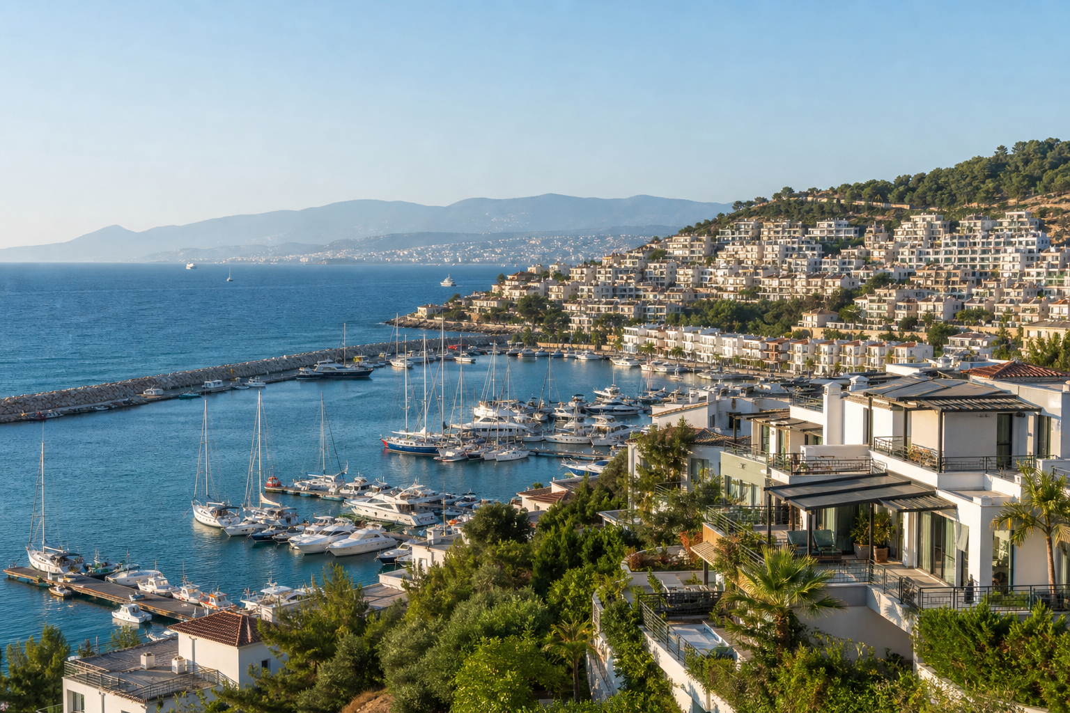 View across Kusadasi marina and coastline with hillside residential buildings and the Aegean Sea.