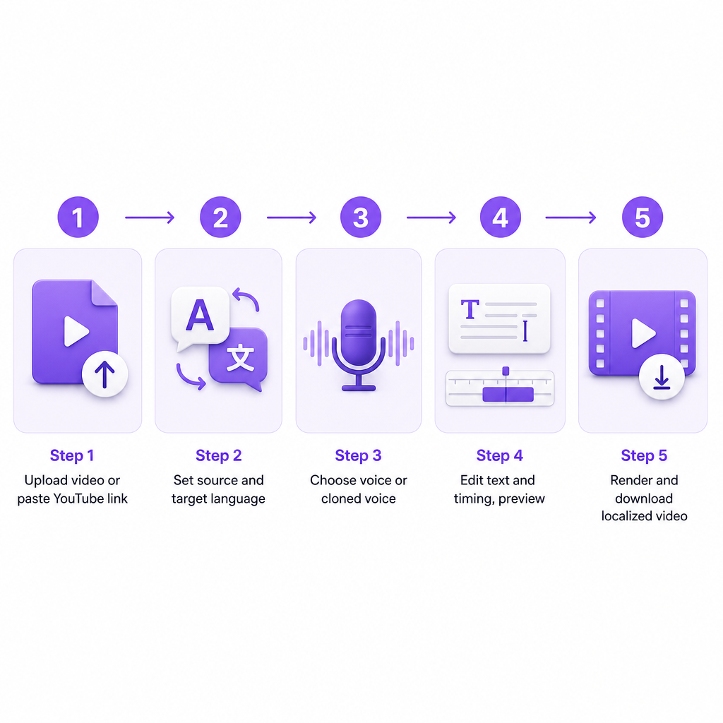 Five-step diagram showing upload, language selection, voice choice, editing and preview, and download