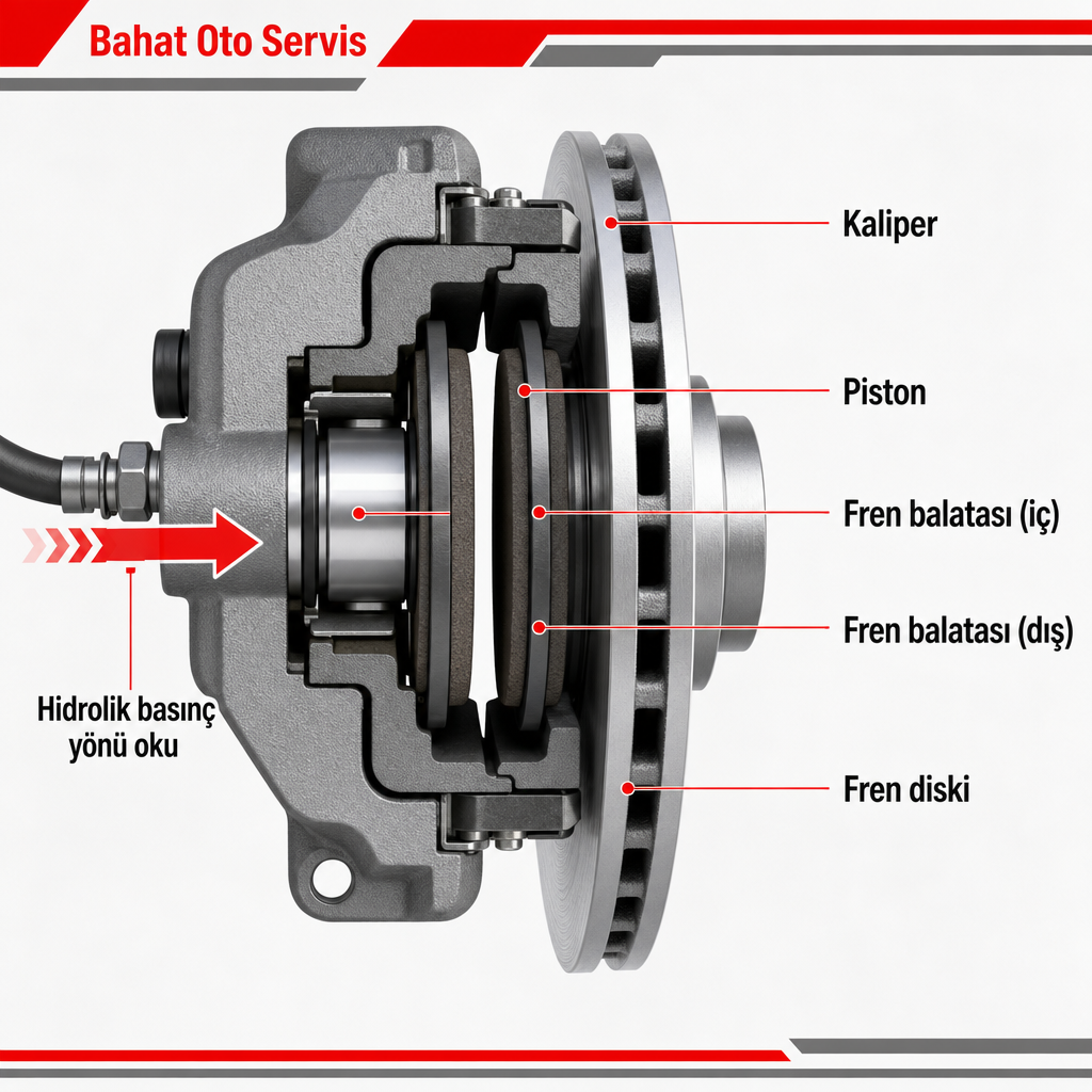 Kaliper, piston, iki balata ve fren diskini gösteren diskli fren sistemi şeması