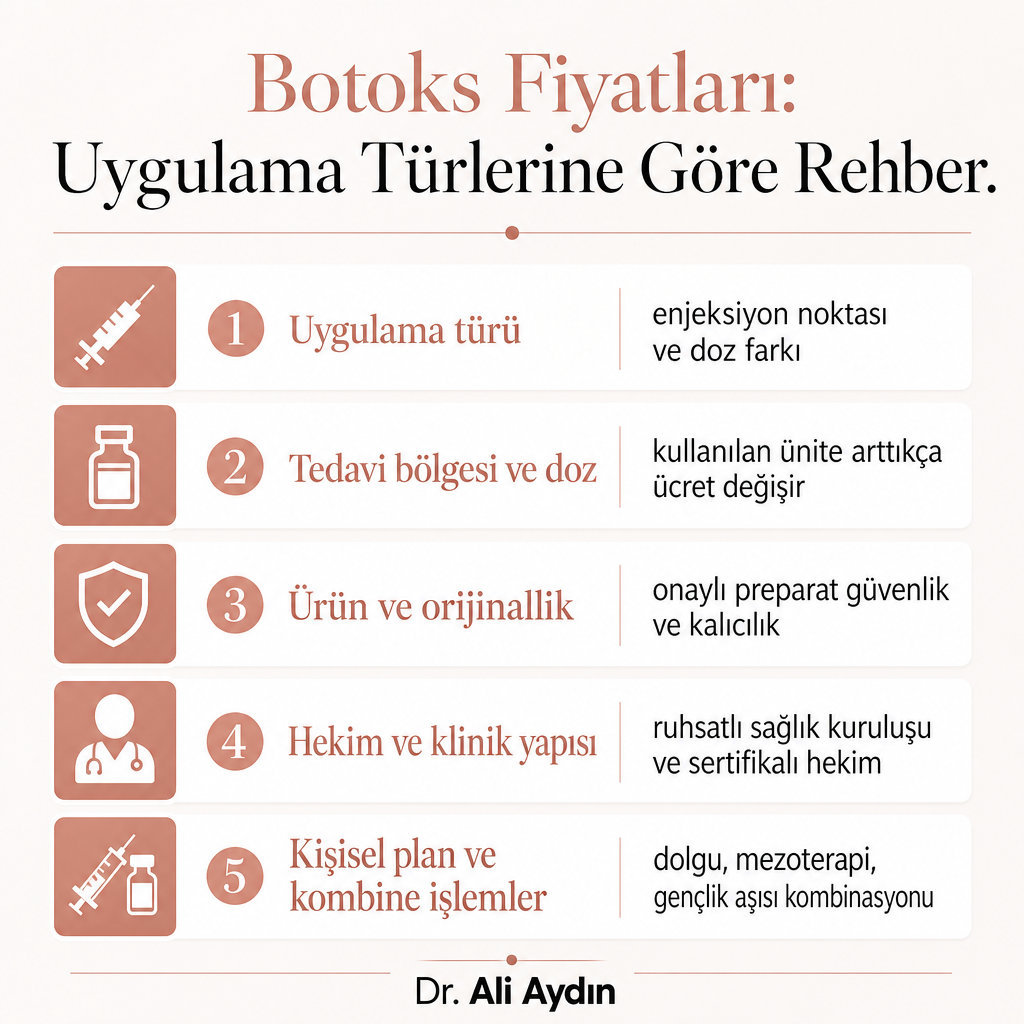 Botoks fiyatını etkileyen beş temel değişkeni sıralayan bilgilendirme görseli
