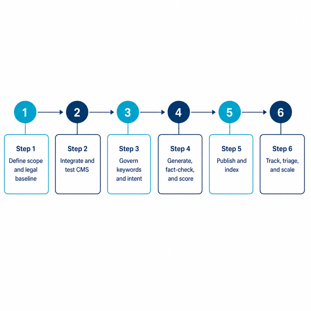Six-step process diagram showing the launch sequence from scope definition to tracking and scaling