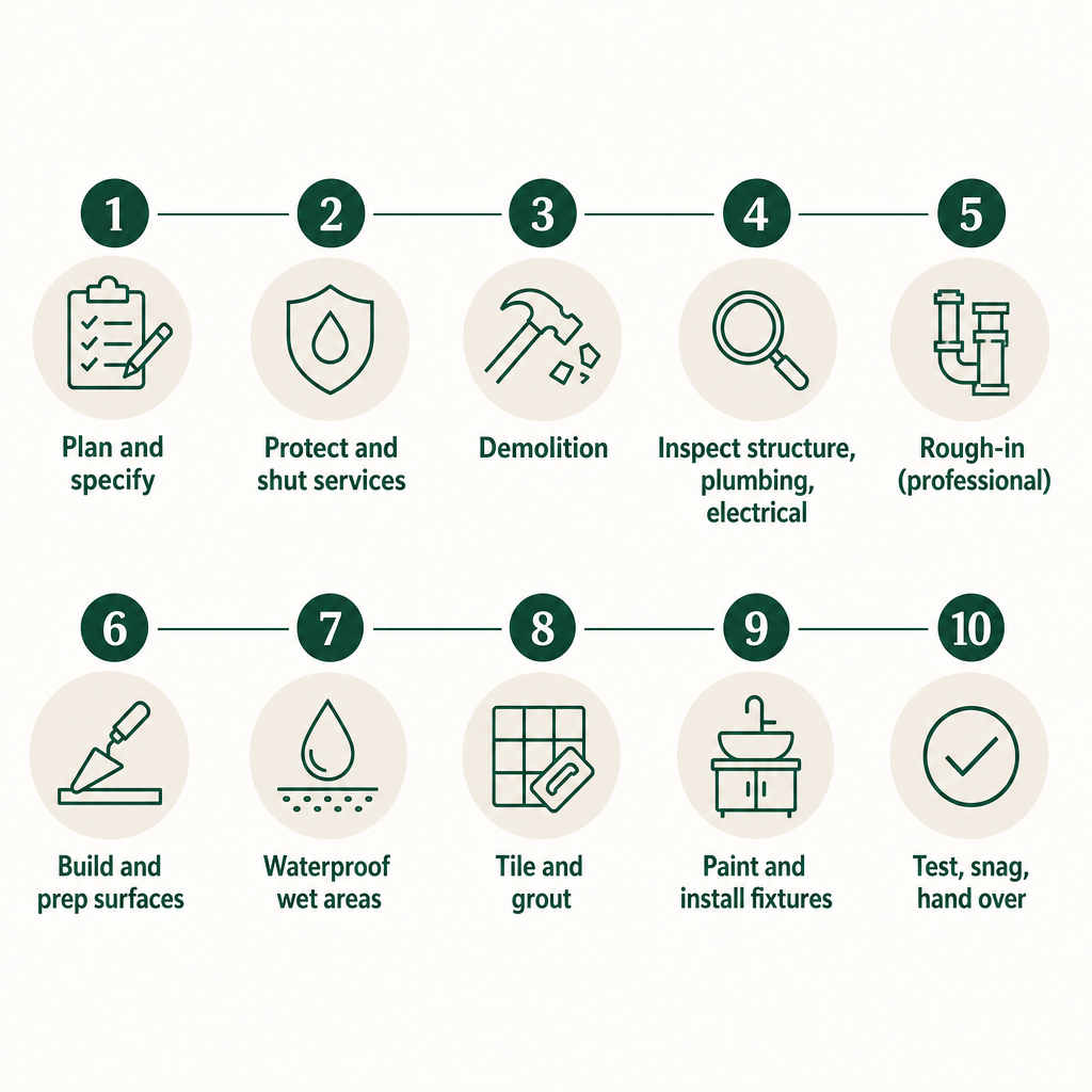 A ten-step process diagram showing the ordered stages of a bathroom renovation from planning to handover
