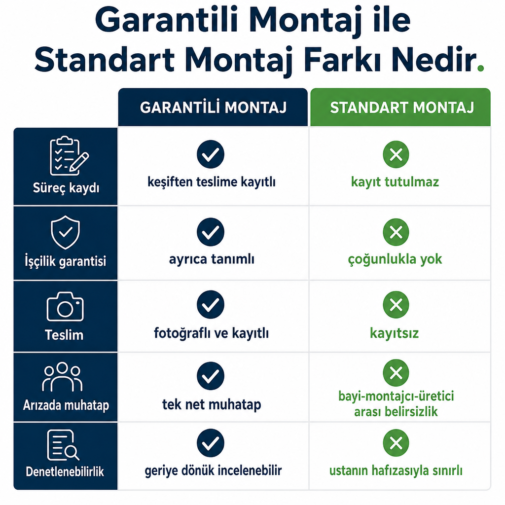 Garantili montaj ile standart montajı süreç kaydı, işçilik garantisi, teslim ve muhatap başlıklarında karşılaştıran tablo