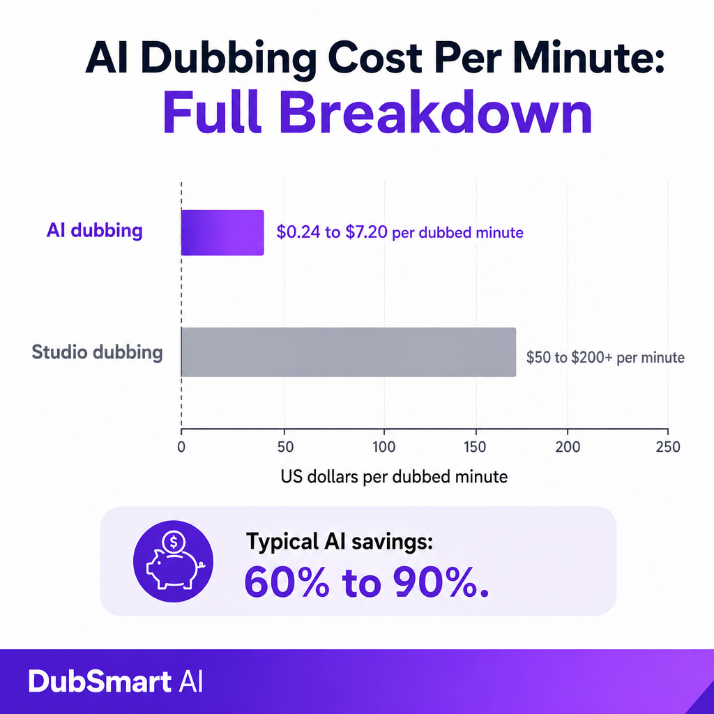 Bar chart comparing AI dubbing at roughly $0.24 to $7.20 per minute against studio dubbing at $50 to $200 per minute