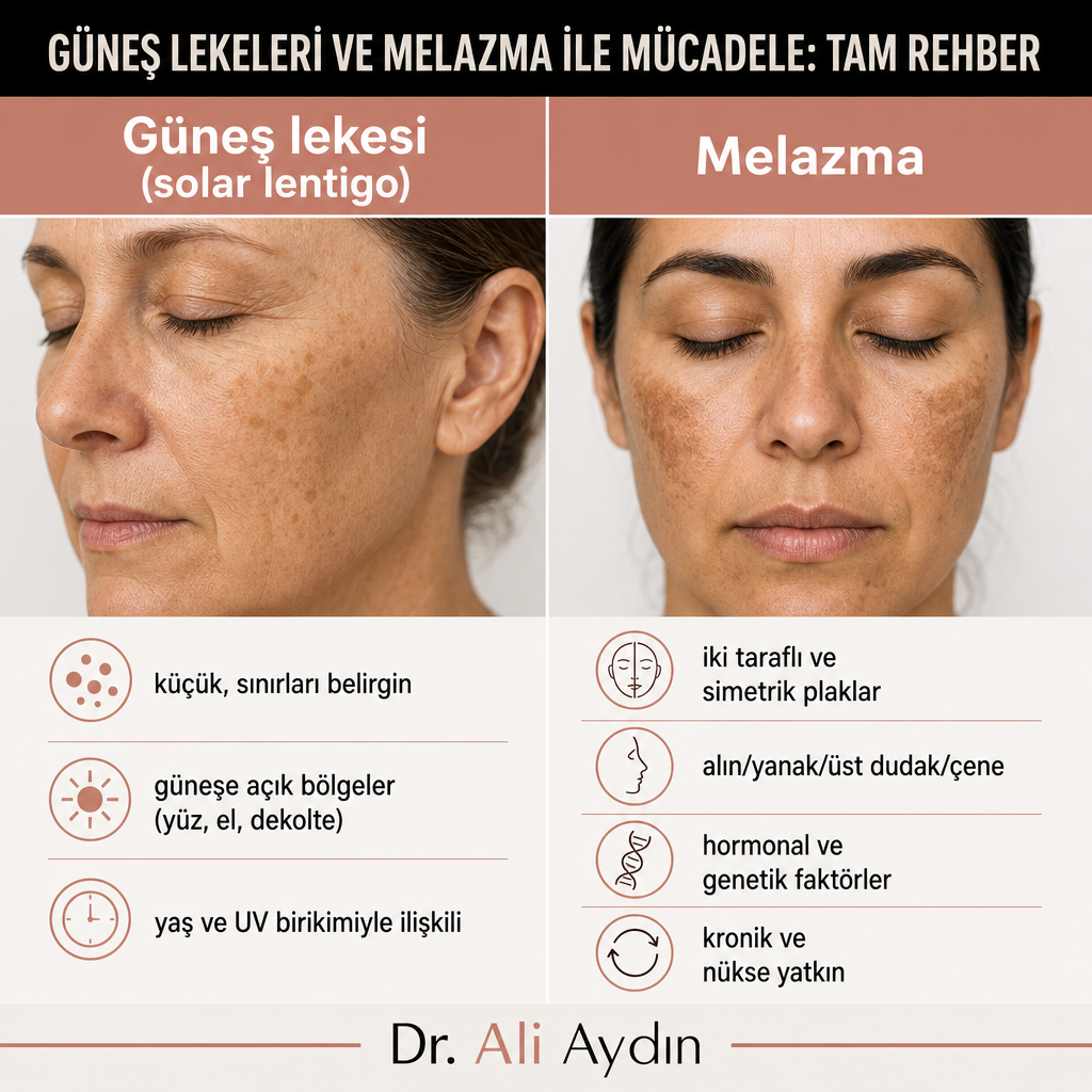 Güneş lekesi ile melazmanın görünüm, yerleşim ve tetikleyici farklarını gösteren karşılaştırma görseli.