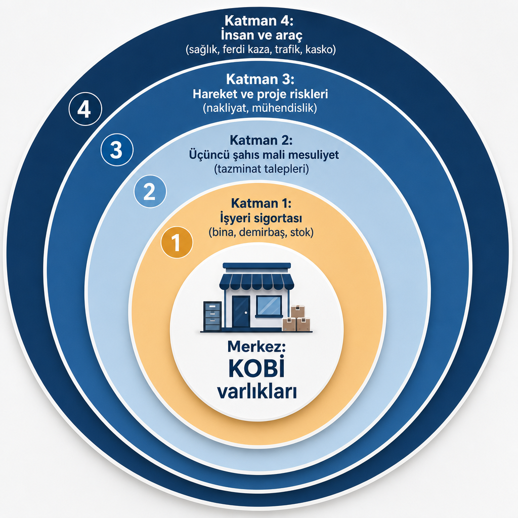 KOBİ varlıklarını çevreleyen dört sigorta koruma katmanını gösteren infografik