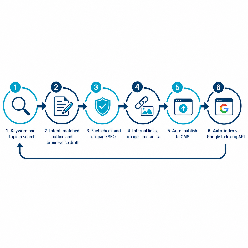 Six-stage circular process from keyword research through drafting, fact-checking, linking, publishing, and indexing