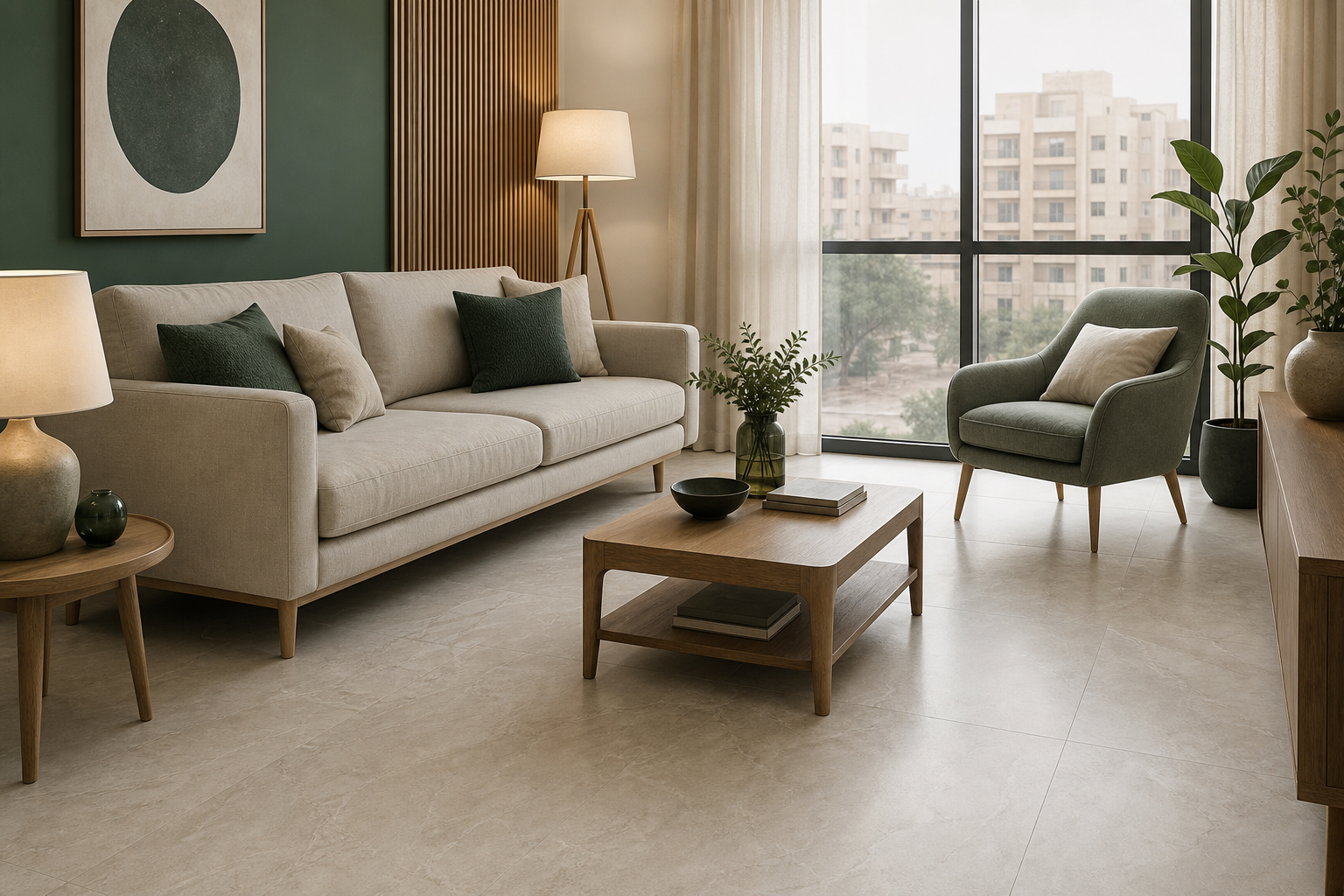 Light Scandinavian living room with a fabric sofa, lounge chair and stone-look tile floor
