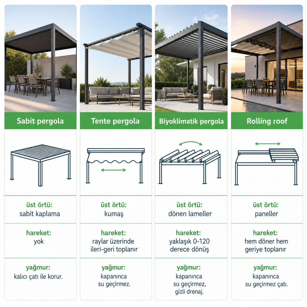 Sabit, tente, biyoklimatik ve rolling roof pergola sistemlerinin üst örtü hareketini karşılaştıran görsel