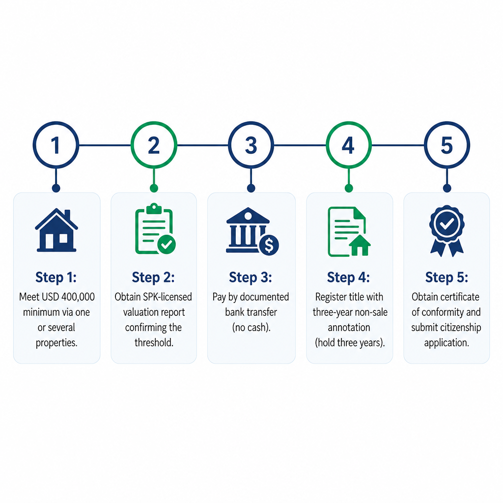 Five-step process showing the cost and compliance checkpoints for Turkish citizenship by real-estate investment