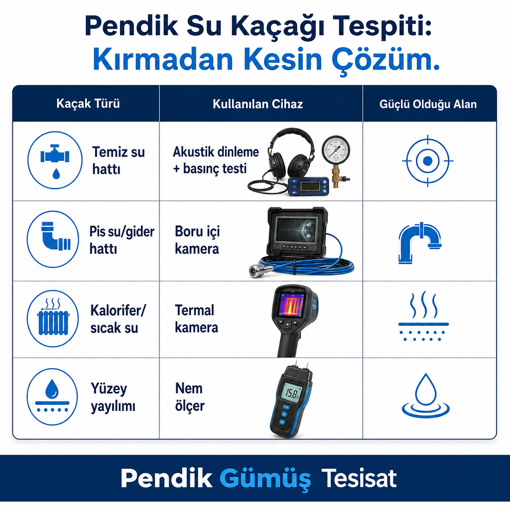 Kaçak türlerine göre kullanılan tespit cihazlarını gösteren karşılaştırma tablosu görseli